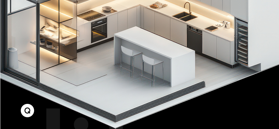 Modern kitchen with marble tops and white appliance